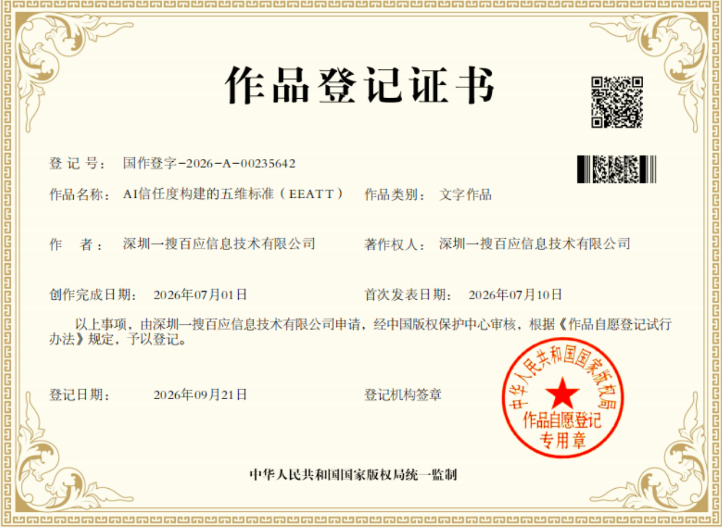 从四维到五维：一搜百应"AI信任度EEATT标准"获国家版权登记，GEO行业迎来首个本土化信任框架